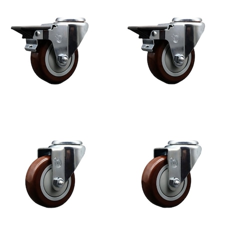 Service Caster 3.5'' Maroon Poly Wheel Swivel Bolt Hole Caster Set with 2 Posi Lock Brakes, 4PK SCC-BH20S3514-PPUB-MRN-PLB-2-S-2